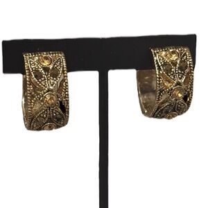 Vintage estate clip on earrings antiqued gold tone, filigree jeweled